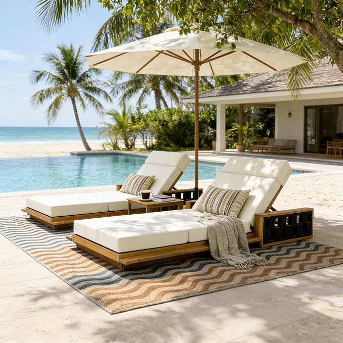 Merax Acacia Wood Patio Chaise Lounge Set of 2, Outdoor Reclining Chairs with 4-Position Adjustable Backrest, 2-Piece Sunbathing Recliner & 4" Thick Four-fold Cushion for Poolside, Garden, Beige