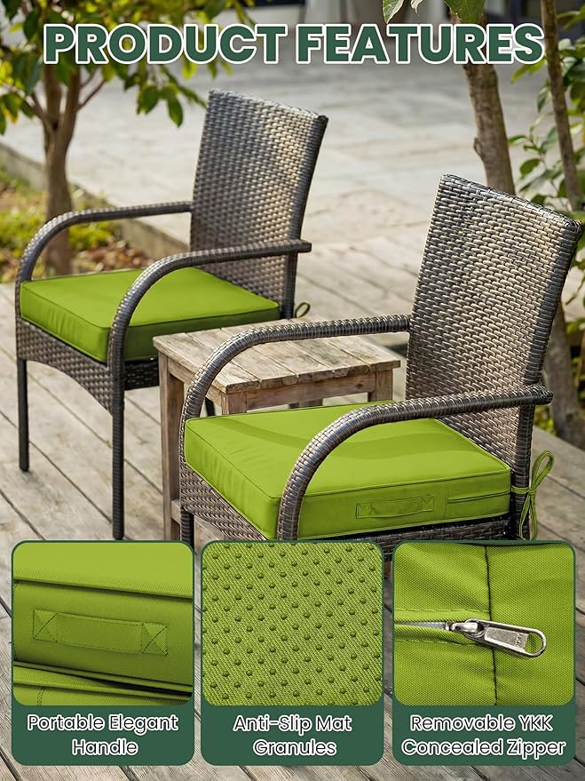 Outdoor Chair Cushion 24 x 24 x 5 Inches Patio Furniture Outdoor Waterproof Seat Cushion, Patio Chair Cushion with Handles and Ties, Square Dining Chair Cushion Set of 2, Grass Green