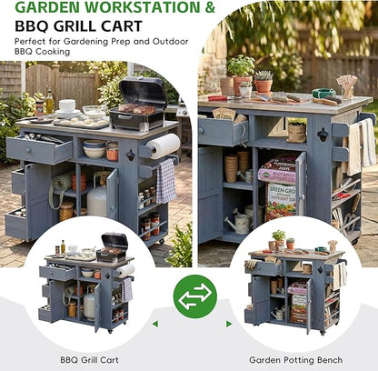 Outdoor Kitchen Island with Stainless Steel Top, Extendable Solid Wood Grill Cart on Wheels, Mobile BBQ Prep Table with Storage Cabinet and Spice Rack for Patio Backyard,