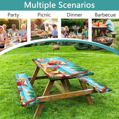 Picnic Table Cover with Bench Covers and Bag, Camping Essentials, Tropical Christmas Santa Waterproof Washable Camping Tablecloth, Fitted Rectangle Tables and Seats for Indoor, Outdoor 3Pcs 30x60 Inch