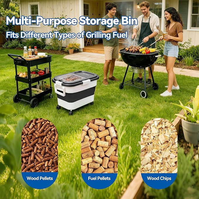 Wood Pellet Storage Container 20-25lbs, Airtight Bin with Locking Lid & Clear Window, Collapsible Pellet Bucket with Wheels, Scoop & Labels, Black & White