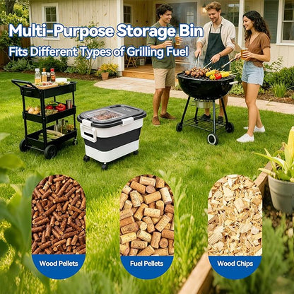 Wood Pellet Storage Container 20-25lbs, Airtight Bin with Locking Lid & Clear Window, Collapsible Pellet Bucket with Wheels, Scoop & Labels, Black & White