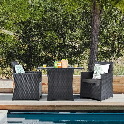 DORTALA Wicker Patio Bistro Set 3 Piece, Outdoor Table and Chairs with Tempered Glass Tabletop, Cushions, Small Rattan Furniture Conversation Sofa Set for Balcony, Porch, Backyard, Deck, Grey