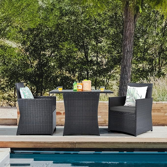 DORTALA Wicker Patio Bistro Set 3 Piece, Outdoor Table and Chairs with Tempered Glass Tabletop, Cushions, Small Rattan Furniture Conversation Sofa Set for Balcony, Porch, Backyard, Deck, Grey