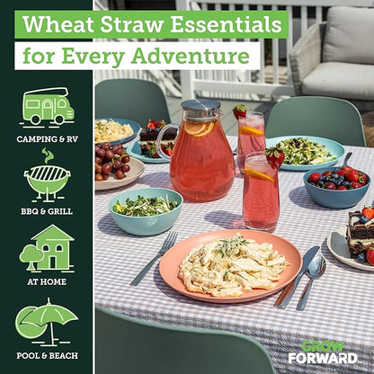 Grow Forward 16-piece Premium Wheat Straw Dinnerware Sets for 4 - Unbreakable Dishwasher & Microwave Safe Plastic Plates and Bowls Sets - Patio, Outdoors, RV, Camping Dishes - Tropical