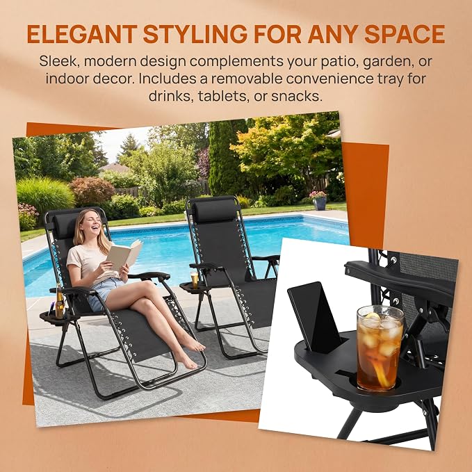 Adjustable Folding Lounge Chair, Portable Camping Chair for Adults with Headrest, Reclining Outdoor Chair with Removable Tray, Foldable Low Beach Chair for Camping, Picnic, Travel, Black