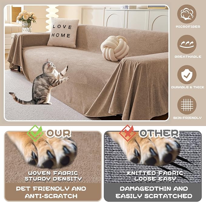 MYSKY HOME Couch Cover Sofa Covers for 3 Cushion Couch, Dog Couch Covers Protector for Sectional Sofa, Non Slip Soft Sofa Slipcover Modern Furniture Protector for Pet, 91" x 134", Khaki
