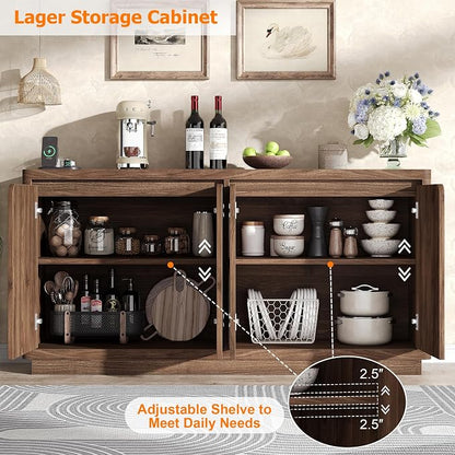 knoworld 63" Buffet Cabinet with Storage & Power Outlet, Wood Sideboard Credenza with Double-Arc Doors, Modern Coffee Bar Console Table for Kitchen Dining Room, Walnut