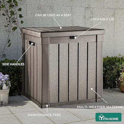 YITAHOME Deck Box, 51 Gallon Weatherproof Outdoor Storage Container for Patio Cushions, Pool Supplies, Garden Tools, Lockable Lid and Side Handles, Light Brown