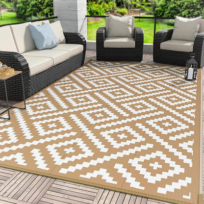 GENIMO Outdoor Rug, Waterproof Plastic Rugs for Patio, 6'x9' Brown White | Outside Larger Modern Carpet Mat for Porch Decor, Deck, Balcony, Camping, RV, Backyard, Picnic, Beach, Reversible, Foldable