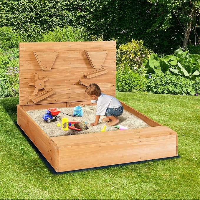 Costzon Kids Sandbox, Wooden Sand Pit w/Storage Boxes & Protective Bottom Liner, Outdoor Sand Box for Kids Age 3+ Backyard Garden Beach (with Sand Wall)