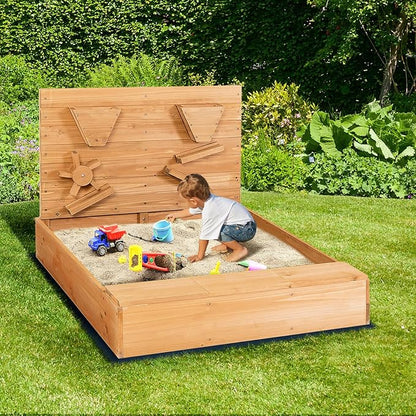 Costzon Kids Sandbox, Wooden Sand Pit w/Storage Boxes & Protective Bottom Liner, Outdoor Sand Box for Kids Age 3+ Backyard Garden Beach (with Sand Wall)