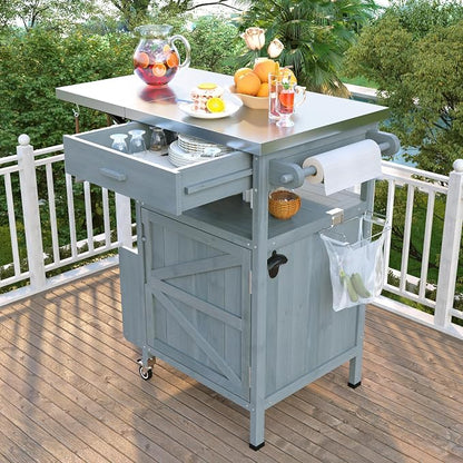 YOPTO 40.5" Outdoor Grill Cart,Stainless Steel Top,Fir Wood Cabinet,Drop Leaf,Lockable Wheels,Ample Storage,Towel Rack,Spice Rack,Bottle Opener,Blue Grey