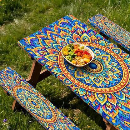 Fitted Picnic Table Cover with Bench Covers,Bohemian Waterproof Elastic Edges Rectangle Patio Tablecloth Outdoor Camping Essentials Stuff Rv Accessories Summer Travel Trip Camper Gifts