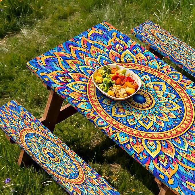 Fitted Picnic Table Cover with Bench Covers,Blue Bohemian Waterproof Elastic Edges Rectangle Patio Tablecloth Outdoor Camping Essentials Stuff Rv Accessories Summer Travel Trip Camper Gifts