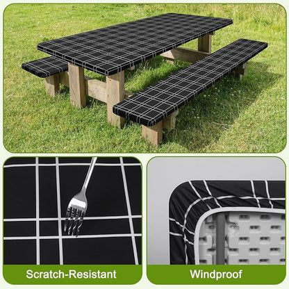 Picnic Table Cover with Bench Covers Windproof Waterproof Picnic Table Covers Camping Tablecloth with Self-Storage Bag, 72in, Black