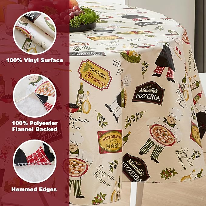Newbridge 70 Inch Round Vinyl Tablecloth with Flannel Backing, Italian Bistro Chef, Novelty Chef Indoor Outdoor Waterproof Table Cover for Picnic, Barbecue, Patio and Kitchen Dining, Ivory