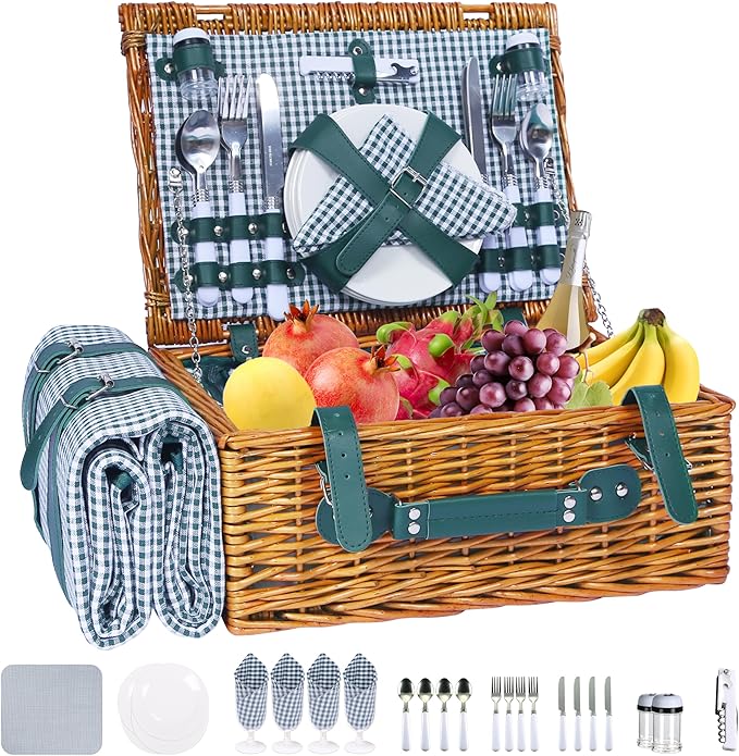 Wicker Picnic Basket Set for 4, Blanket, Cooler Bag, Cottage Plaid | Four-Person Wicker Set Includes Tableware, Insulated Food Storage and Waterproof Blanket for Parks, Camping, Dates and Gifts