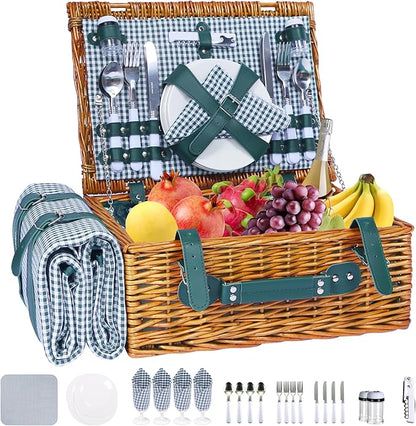 Wicker Picnic Basket Set for 4, Blanket, Cooler Bag, Cottage Plaid | Four-Person Wicker Set Includes Tableware, Insulated Food Storage and Waterproof Blanket for Parks, Camping, Dates and Gifts