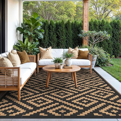 GENIMO Outdoor Rug, Waterproof Plastic Rugs 9'x12' for Camping Black Brown | Outside Larger Modern Carpet Mat for Porch Decor, Deck, Balcony, Camping, RV, Backyard, Picnic, Beach, Reversible, Foldable