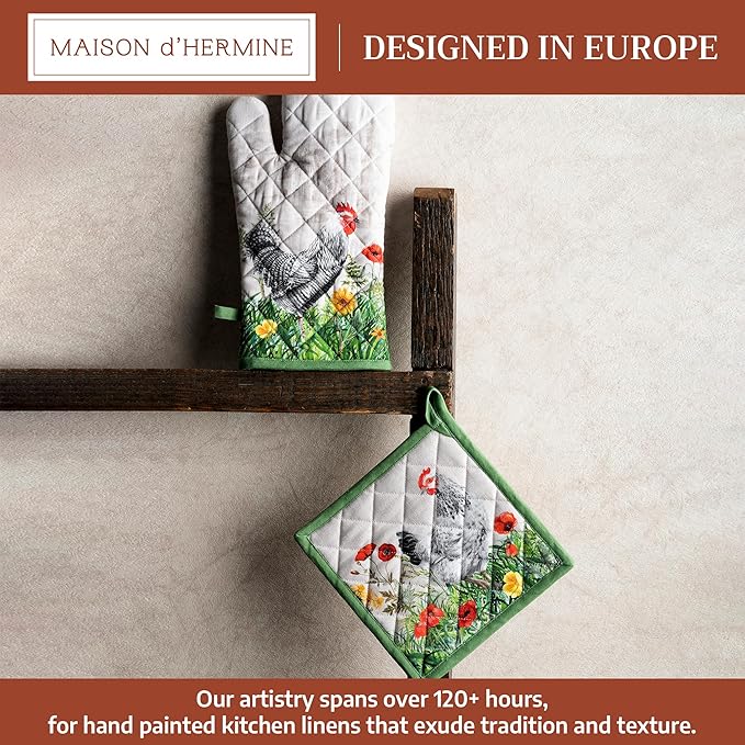 Maison d' Hermine 100% Cotton Oven Mitt & Pot Holder Set (7.5"x13" & 8"x8") Heat Resistant BBQ Cooking Gloves with Loop Baking Grilling Kitchen Hotel Home Farmhouse Spring Summer (Basse Cour)