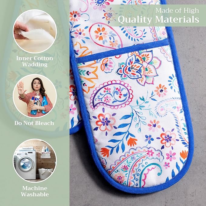 Maison d' Hermine Double Oven Mitts 100% Cotton 7"x35" Double Oven Mitt Heat Resistant BBQ Cooking Gloves with Loop Baking Grilling Kitchen Hotel Home Farmhouse Spring Summer (Indian Floral)