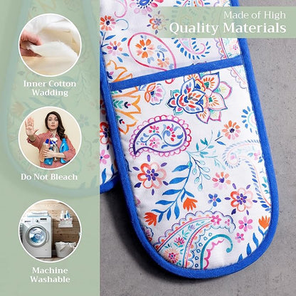 Maison d' Hermine Double Oven Mitts 100% Cotton 7"x35" Double Oven Mitt Heat Resistant BBQ Cooking Gloves with Loop Baking Grilling Kitchen Hotel Home Farmhouse Spring Summer (Indian Floral)