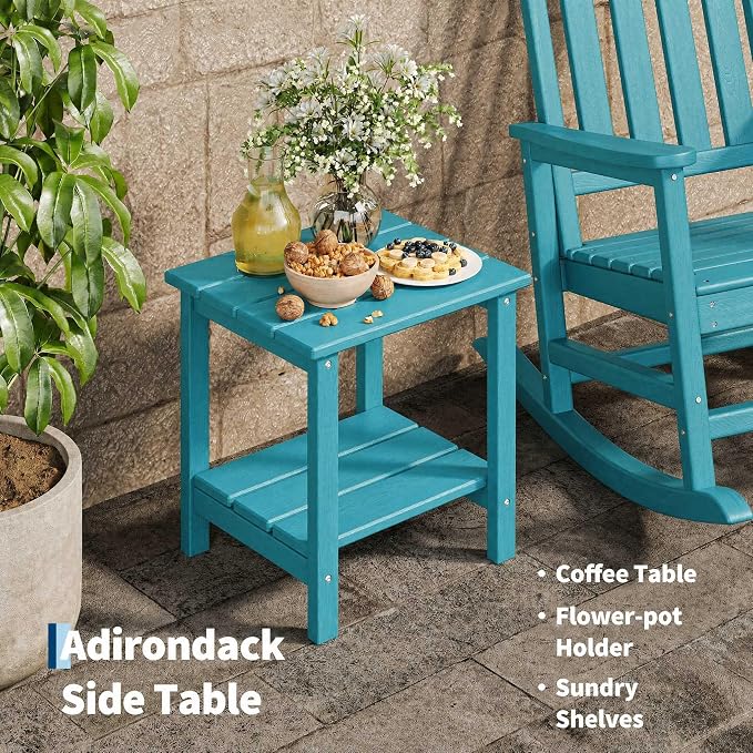 HDPE Rocking Chair Outdoor Set of 2 with Side Table - Poly High Back Porch Rocker Chairs for Adults - All Weather Resistant Furniture for Patio Front Porch - Lake Blue