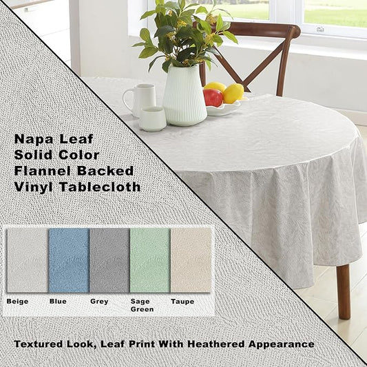 Newbridge Napa Leaf Beige Vinyl Flannel Backed Tablecloth, 60 x 102 Inch Oval, Hotel Quality Waterproof Indoor Outdoor Table Cover for Kitchen, Patio, Dining, BBQ