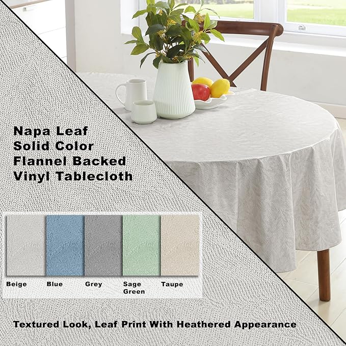 Newbridge Napa Leaf Beige Vinyl Flannel Backed Tablecloth, 60 x 84 Inch Oval, Hotel Quality Waterproof Indoor Outdoor Table Cover for Kitchen, Patio, Dining, BBQ