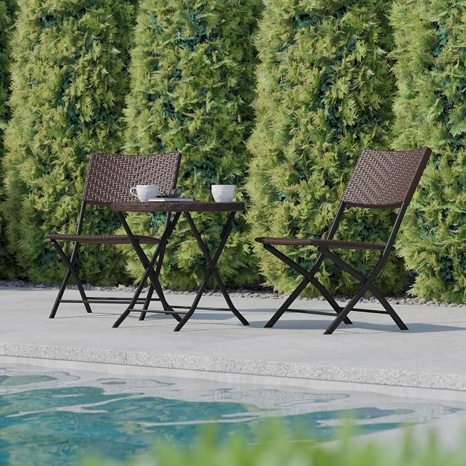 Flash Furniture Rouen Commercial Grade Folding Bistro Set, Indoor/Outdoor PE Rattan Table Top, Back and Seat, Black Steel Frames, 3 Piece Set, Brown/Black
