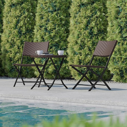 Flash Furniture Rouen Commercial Grade Folding Bistro Set, Indoor/Outdoor PE Rattan Table Top, Back and Seat, Black Steel Frames, 3 Piece Set, Brown/Black