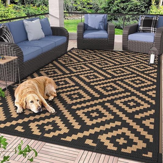 GENIMO Outdoor Rug, Waterproof Plastic Rugs 9'x12' for Camping Black Brown | Outside Larger Modern Carpet Mat for Porch Decor, Deck, Balcony, Camping, RV, Backyard, Picnic, Beach, Reversible, Foldable
