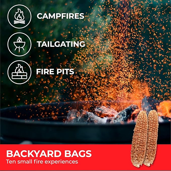 FIRECORN Firestarter - All-Natural Instant Firestarter for Fireplaces, Campfires, Fire Pits, BBQ's and Pizza Ovens - Lights Charcoal, Briquette and Firewood - 10 Pack (2 corncobs per Pack)