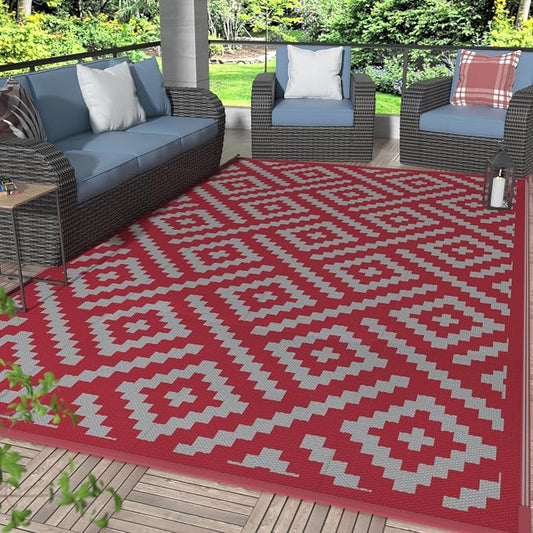 GENIMO Outdoor Rug, Waterproof Plastic Rugs for Patio, 6'x9' Red Grey | Outside Larger Modern Carpet Mat for Porch Decor, Deck, Balcony, Camping, RV, Backyard, Picnic, Beach, Reversible, Foldable