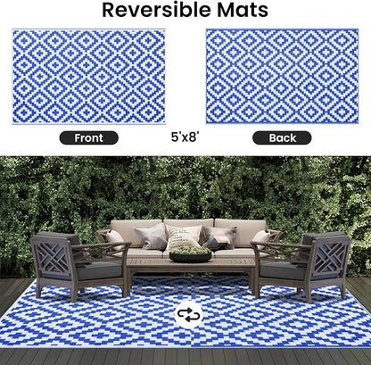 Smiry Outdoor Rug 5x8 ft Waterproof Reversible Boho Mat, White & Blue | Polypropylene Plastic Straw, Quick Drying, Lightweight Foldable, for Patio, Deck, RV Camping, Backyard and Indoor Outdoor Use