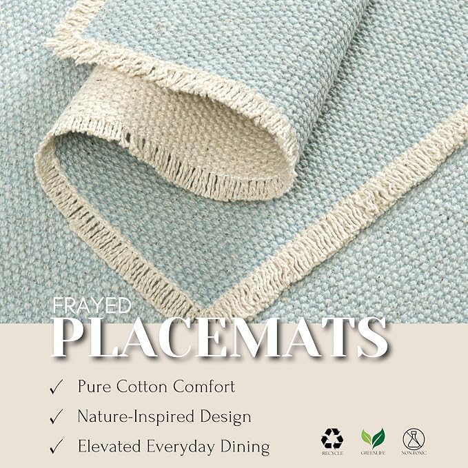 Hausattire Cotton Frayed Placemats Set of 4 Dining Table 13x19 Inch | Rustic Vintage Boho Washable Easter Placemat for Outdoor Parties BBQ's Wedding,Special Occasions, Nubby Cotton - Blue