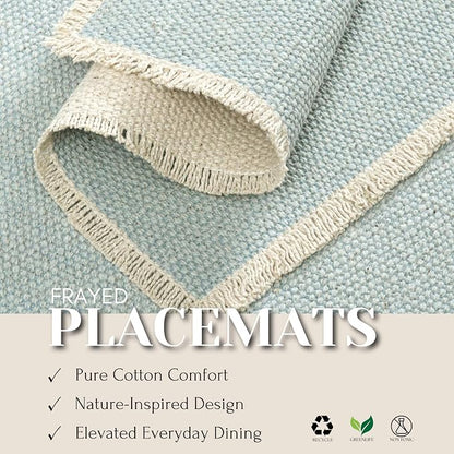 Hausattire Cotton Frayed Placemats Set of 4 Dining Table 13x19 Inch | Rustic Vintage Boho Washable Easter Placemat for Outdoor Parties BBQ's Wedding,Special Occasions, Nubby Cotton - Blue