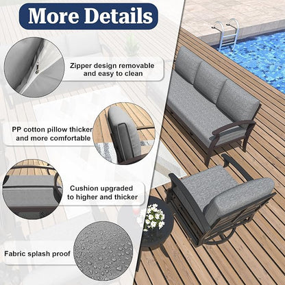 ALAULM Aluminum 3-Seat Patio Furniture Set, Metal Outdoor Furniture Sectional Sofas w/5.1" Cushions for Patio, Backyard, Poolside-Grey