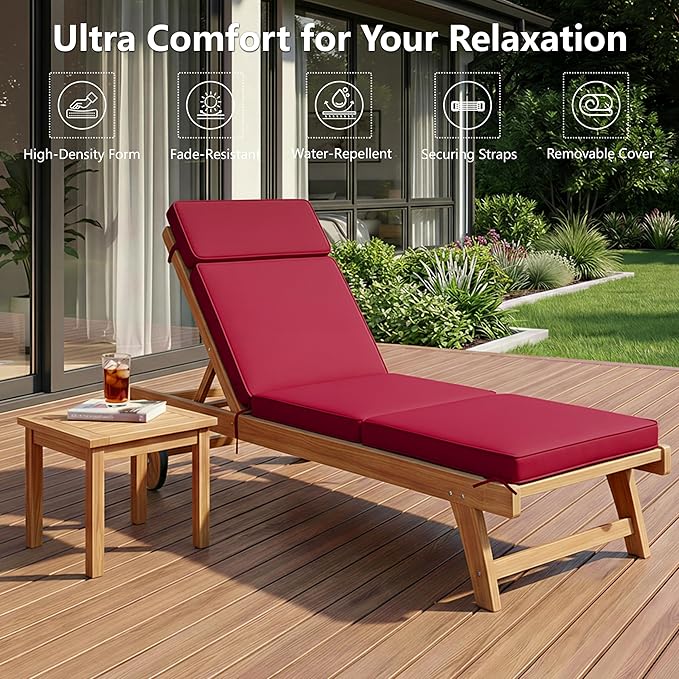 80 x 26 Inch Outdoor Chaise Lounge Cushion - Removable Cover, 4-Section Design, Water-Repellent & Fade-Resistant, 6 Tie Straps, Replacement for Patio & Pool Chairs - Burgundy