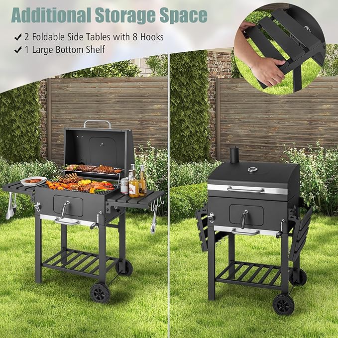 Giantex 24-Inch Charcoal Grill - 2 Foldable Side Tables, Bottom Storage Shelf, 8 Hooks, Adjustable Charcoal Tray, Pull-out Ash Tray, Outdoor BBQ Grill for Family Gatherings Backyard Party Camping