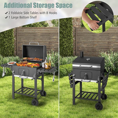Giantex 24-Inch Charcoal Grill - 2 Foldable Side Tables, Bottom Storage Shelf, 8 Hooks, Adjustable Charcoal Tray, Pull-out Ash Tray, Outdoor BBQ Grill for Family Gatherings Backyard Party Camping