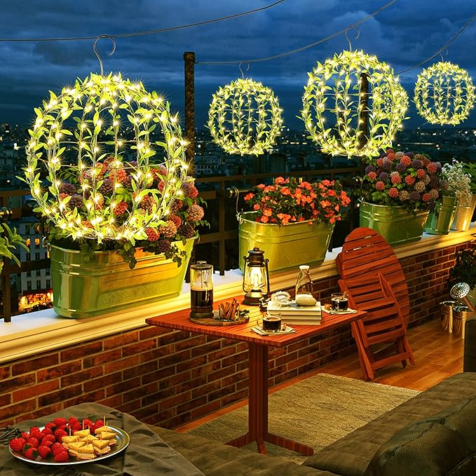 Joomer Solar Hanging Ball Lights Outdoor, 2-Pack 13in & 11in Total 264 LED Solar Globe Lights, 8 Modes Waterproof Metal Sphere Lights with Hooks for Patio Garden Decor - Warm White