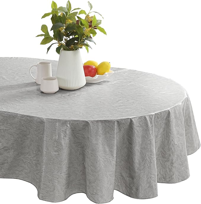 Newbridge Napa Leaf Grey Vinyl Flannel Backed Tablecloth, 60 x 102 Inch Oval, Hotel Quality Waterproof Indoor Outdoor Table Cover for Kitchen, Patio, Dining, BBQ
