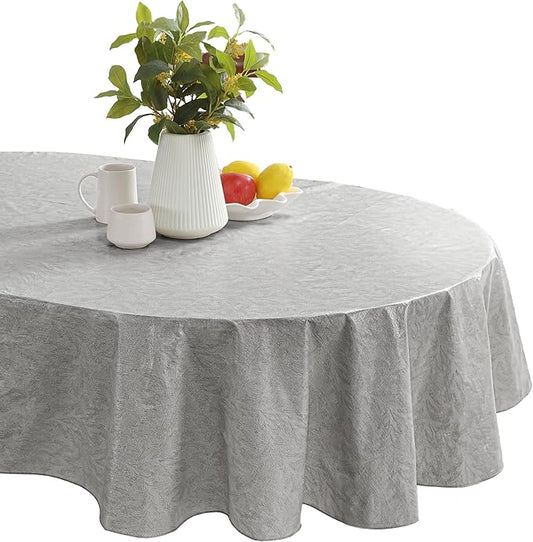 Newbridge Napa Leaf Grey Vinyl Flannel Backed Tablecloth, 60 x 84 Inch Oval, Hotel Quality Waterproof Indoor Outdoor Table Cover for Kitchen, Patio, Dining, BBQ