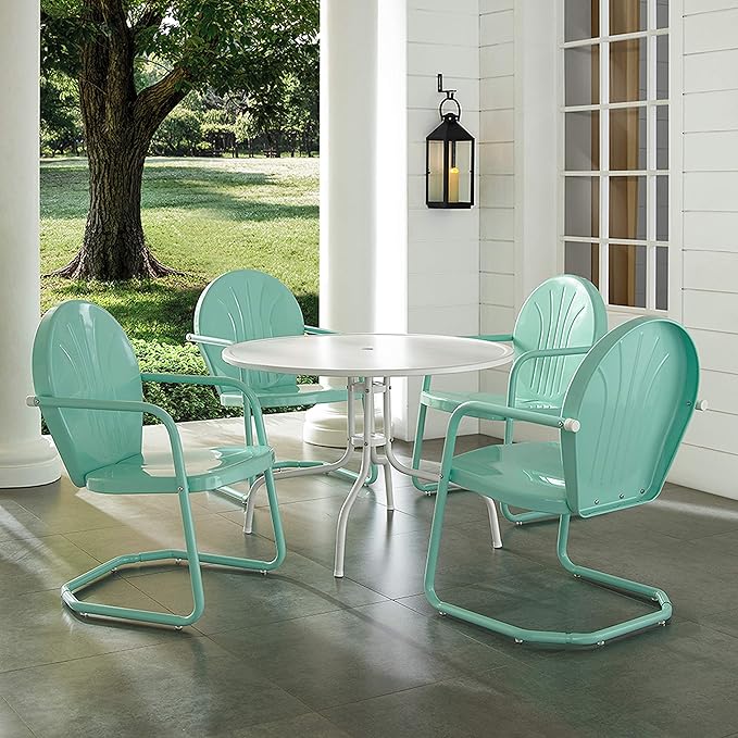 Crosley Furniture Griffith 5-Piece Outdoor Dining Set for 4, Retro Metal Round Patio Table and Chairs, White and Aqua