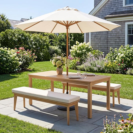 FansaFurn 3-Piece Acacia Patio Table and Chairs Set for All-Weather | Outside Furniture with Table Umbrella Hole and Removable Cushion, Backyard Furniture with Outdoor Bench for Garden Lawn