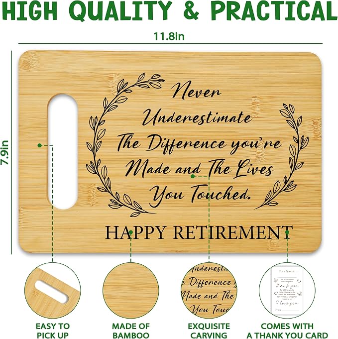 Retirement Gift for Woman, Bamboo Cutting Board for Kitchen, Happy Retirement Chopping Board, Leaving Retired Gifts for Coworker Teacher Nurse Friends -02