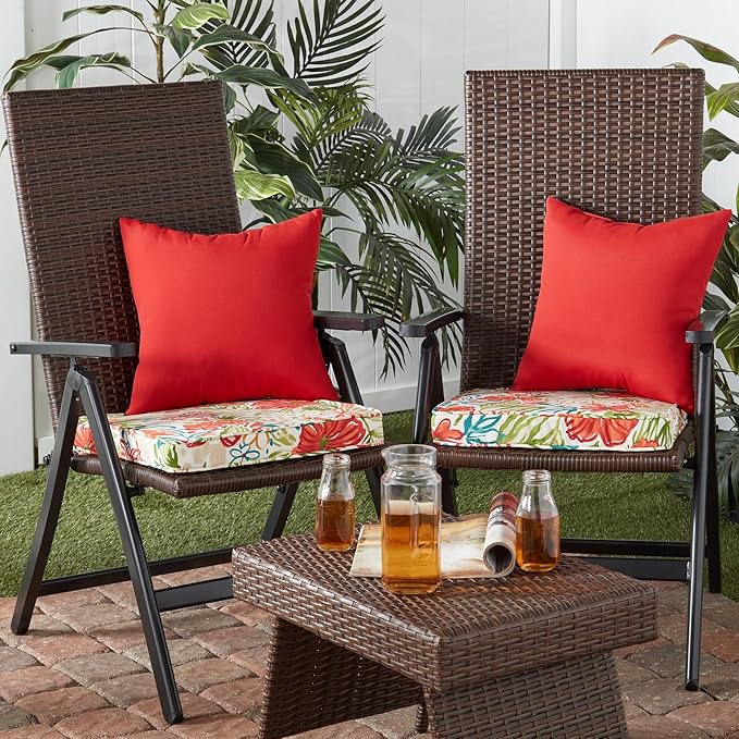 Outdoor 18 inch Square Patio Dining Chair Pads – Comfortable Fiber-Filled Seat Cushions with Ties, Reversible Polyester Fabric - Breeze Floral, Set of 4