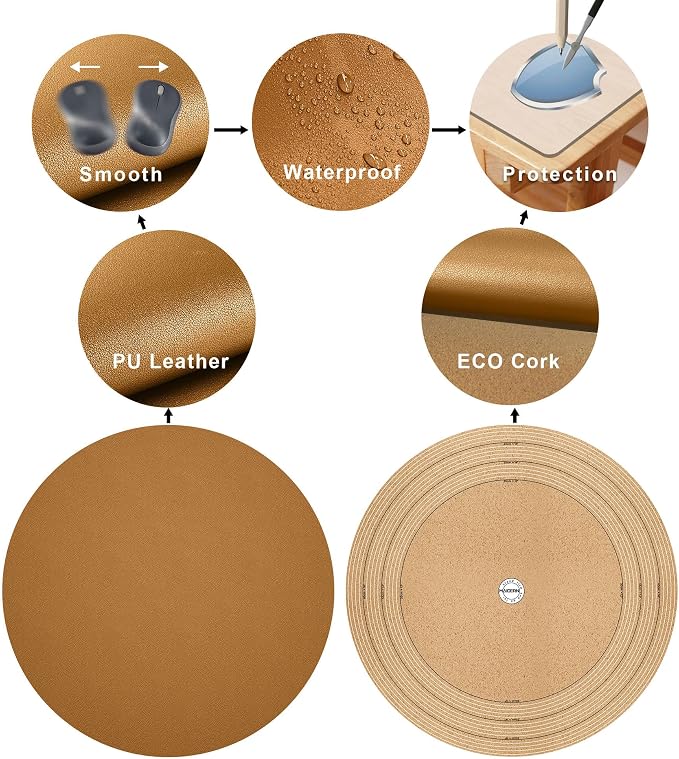 MAIDERN 42 Inch Round Cork & Leather Table Pad Protector, Cuttable Size (36-42 Inch), Trimmable Dining Table Mat, Heat Resistant/Non-Slip Table Cover for Kitchen, Office, or Restauran (Brown)